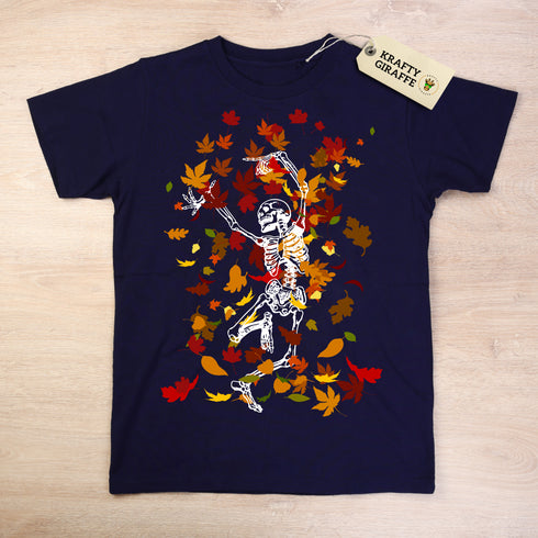 Dancing Skeleton in Fall Leaves Crewneck T-Shirt/Sweatshirt-Unisex
