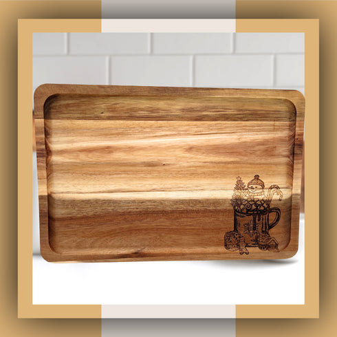 Snowman Hot Cocoa Cutting Wood Serving Tray-Laser Engraved