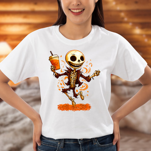 Dancing Skeleton Drinking Pumpkin Spice Latte T-Shirt-Unisex