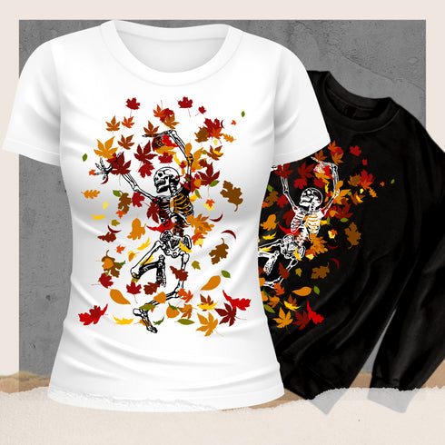 Dancing Skeleton in Fall Leaves Crewneck T-Shirt/Sweatshirt-Unisex