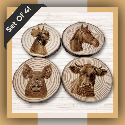 Farmhouse Animal Wood Slice Coasters - Laser Engraved Set of 4