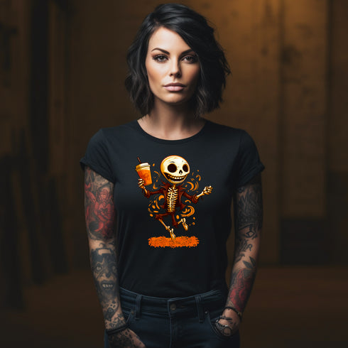 Dancing Skeleton Drinking Pumpkin Spice Latte T-Shirt-Unisex