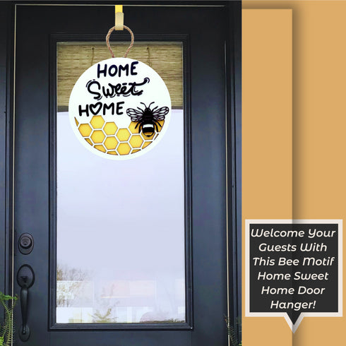 Home Sweet Home Bee Motif Door Hanger SVG File-For Laser Engraving