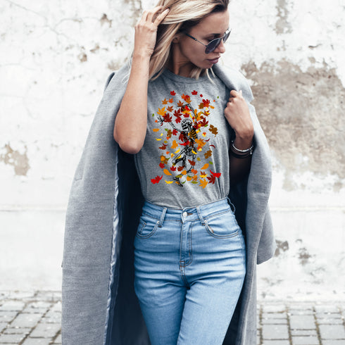 Dancing Skeleton in Fall Leaves Crewneck T-Shirt/Sweatshirt-Unisex