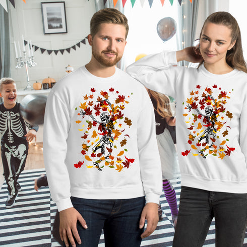 Dancing Skeleton in Fall Leaves Crewneck T-Shirt/Sweatshirt-Unisex