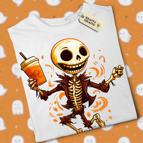 Dancing Skeleton Drinking Pumpkin Spice Latte T-Shirt-Unisex