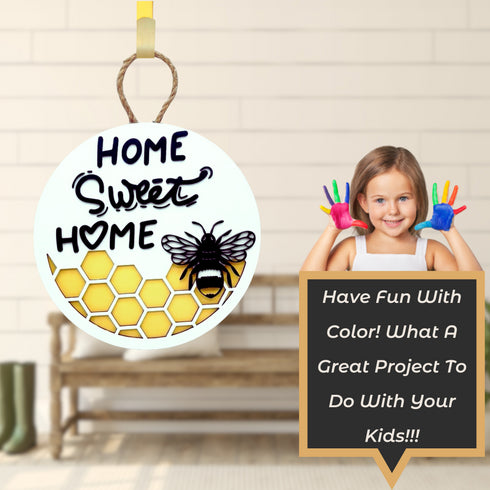 Home Sweet Home Bee Motif Door Hanger SVG File-For Laser Engraving