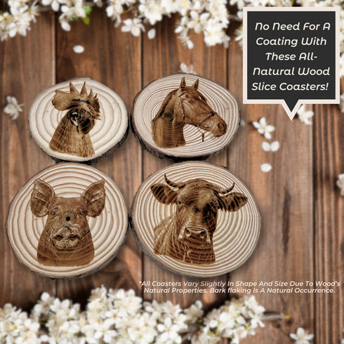 Farmhouse Animal Wood Slice Coasters - Laser Engraved Set of 4