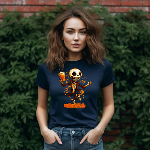 Dancing Skeleton Drinking Pumpkin Spice Latte T-Shirt-Unisex