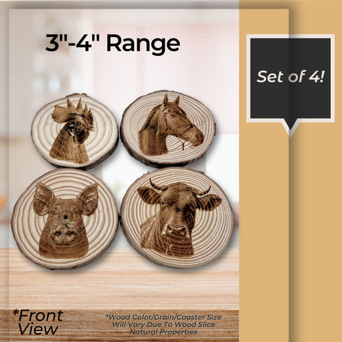 Farmhouse Animal Wood Slice Coasters - Laser Engraved Set of 4