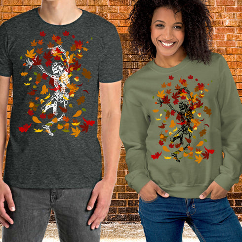 Dancing Skeleton in Fall Leaves Crewneck T-Shirt/Sweatshirt-Unisex