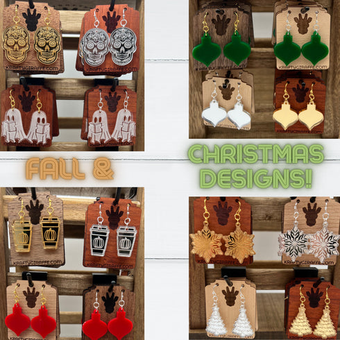 Laser Engraved Acrylic Dangle Earrings - Fall, Halloween, & Christmas Designs