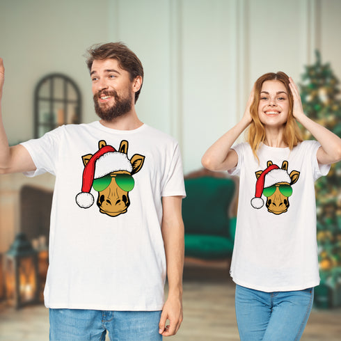 Funny Giraffe Wearing Sunglasses Christmas Crewneck T-Shirt-Unisex