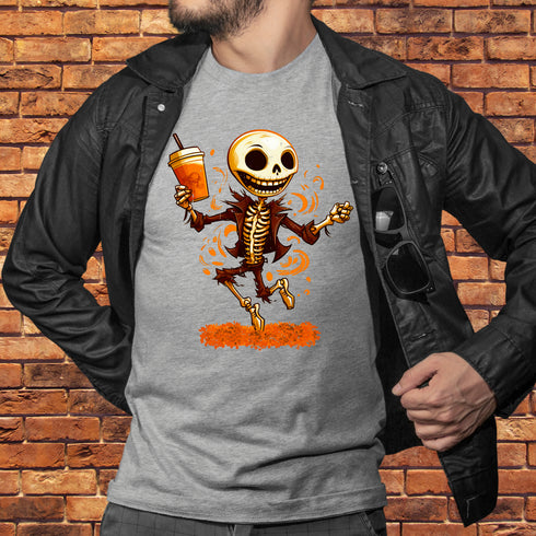 Dancing Skeleton Drinking Pumpkin Spice Latte T-Shirt-Unisex