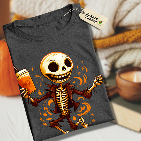 Dancing Skeleton Drinking Pumpkin Spice Latte T-Shirt-Unisex
