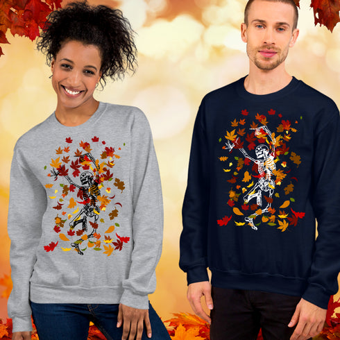 Dancing Skeleton in Fall Leaves Crewneck T-Shirt/Sweatshirt-Unisex