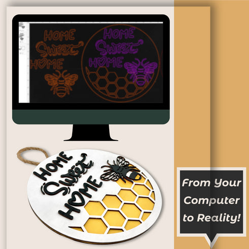Home Sweet Home Bee Motif Door Hanger SVG File-For Laser Engraving
