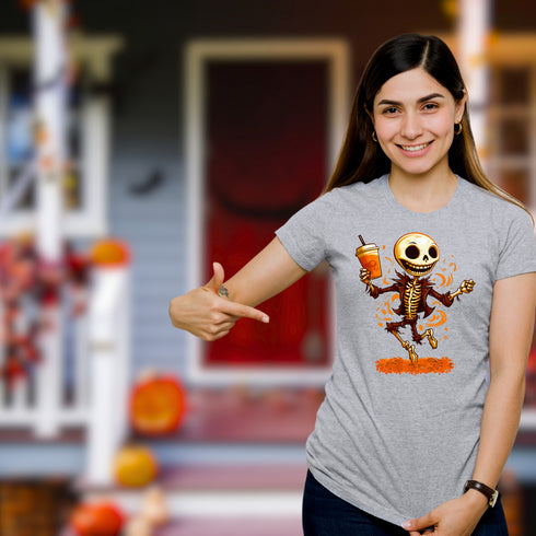 Dancing Skeleton Drinking Pumpkin Spice Latte T-Shirt-Unisex