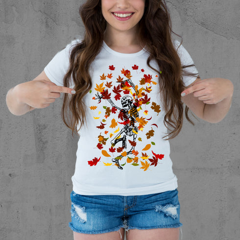 Dancing Skeleton in Fall Leaves Crewneck T-Shirt/Sweatshirt-Unisex